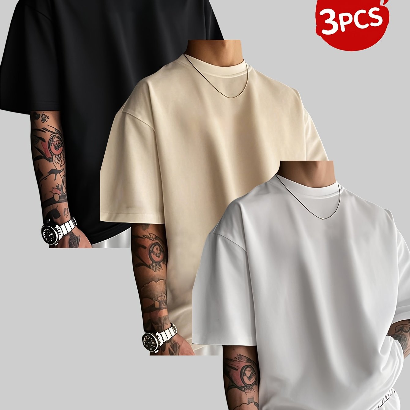 E-shop 3er-Pack Herren Minimalistisches Kurzarm-T-Shirt, Basic Casual Fit, Bequem und Atmungsaktiv, Geeignet für Tägliche Ausflüge/Heimfreizeit/Outdoor