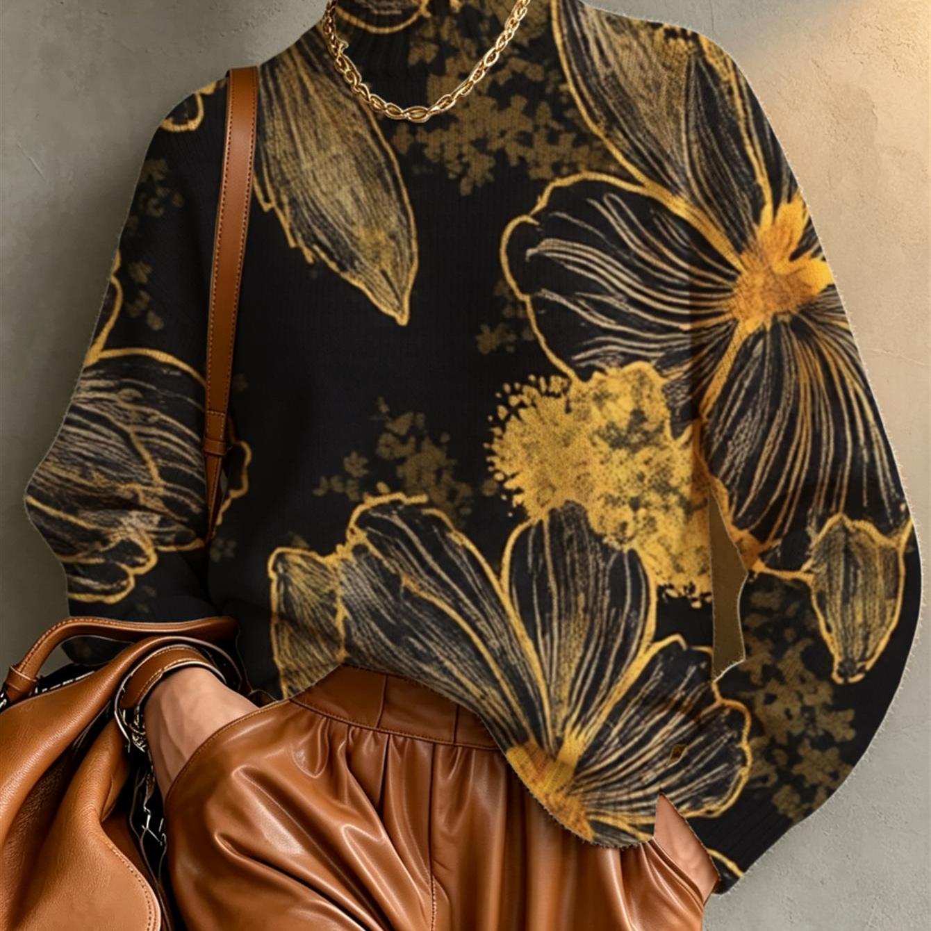 Image of Women's Printed High Neck Long Sleeve Heavyweight Sweater, Vintage Hibiscus Floral Pattern With Golden Accents , Elegant Soft Knitwear For Fall And Winter