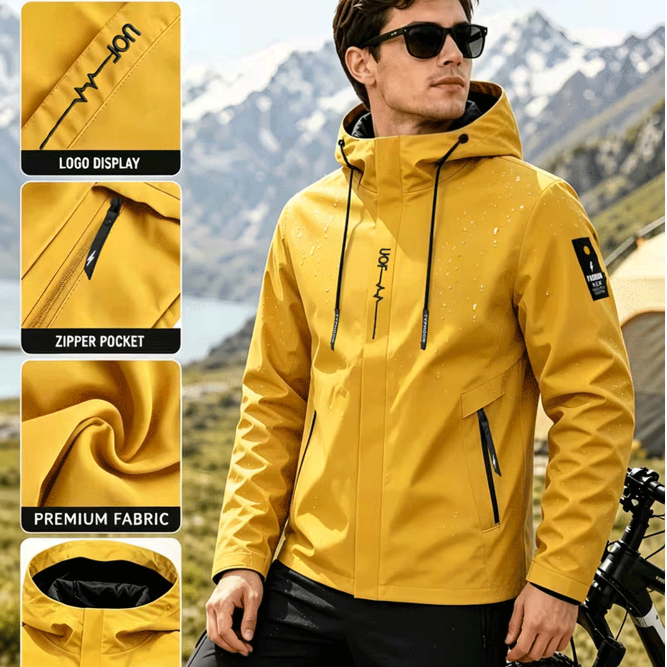Men's Plain Print Full-Zip Hooded Jacket for Outdoor Activities