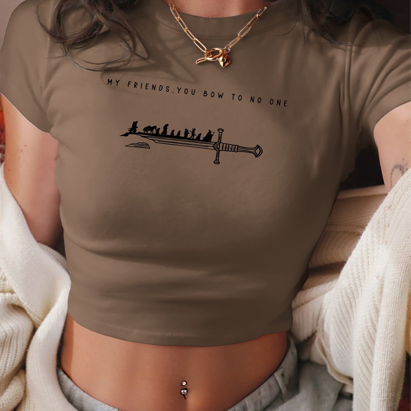 TEMU Women's Crew Neck Short T-shirt | Silhouette Inspirational Quote Minimalist Print Women's T-shirt | One-piece Style High-waisted Navel-baring