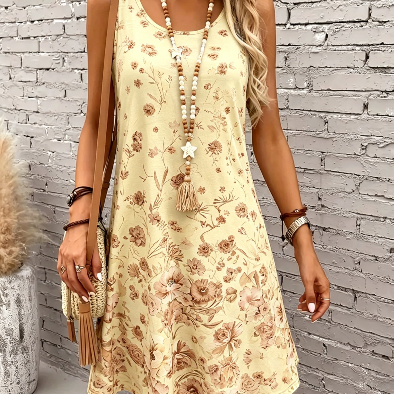 TEMU - Vacation Spring/summer New Floral Print Women's Round Neck Tank Dress - [printed Design - Not Textured]