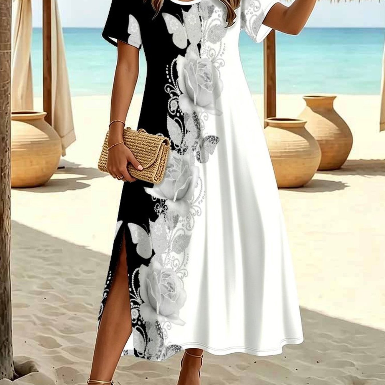 Plus Size Women's Summer Fashion Dress, Casual With Tiny Botanical Floral Print, Crew Neck Short Sleeve Split Hem Elegant Dress