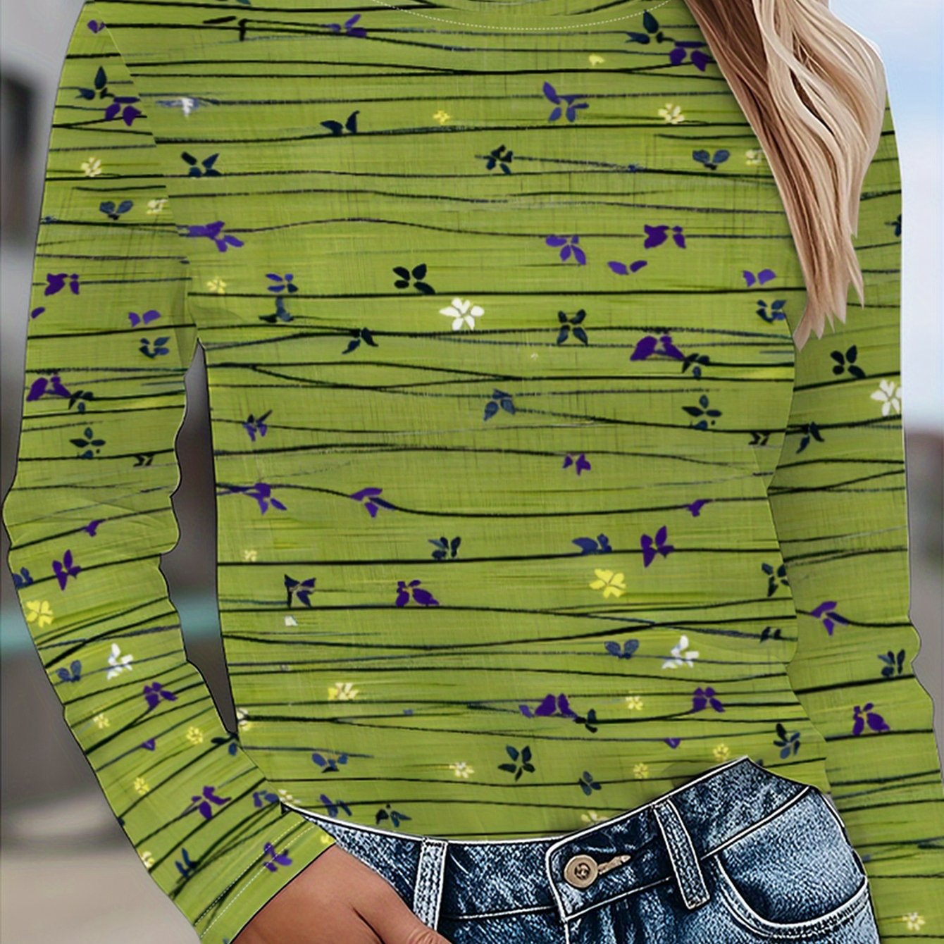 Image of Women's Print Long Sleeve T-shirt- White With Black& Multicolor Block Pattern(pink/green/blue/yellow)- Casual Round Neck Full-body Floral& Top- Machine Washable Spring Summer Fall Blouse