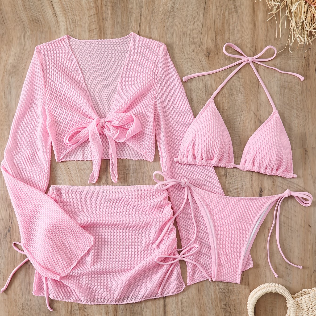 E-shop 2025 Sommer Neues Pinkes Bikini Set mit schulterfreiem Top und normaler Unterhose | Hochelastisch, sexy Stil, Schnürdetails, ohne Gürtel, Marke