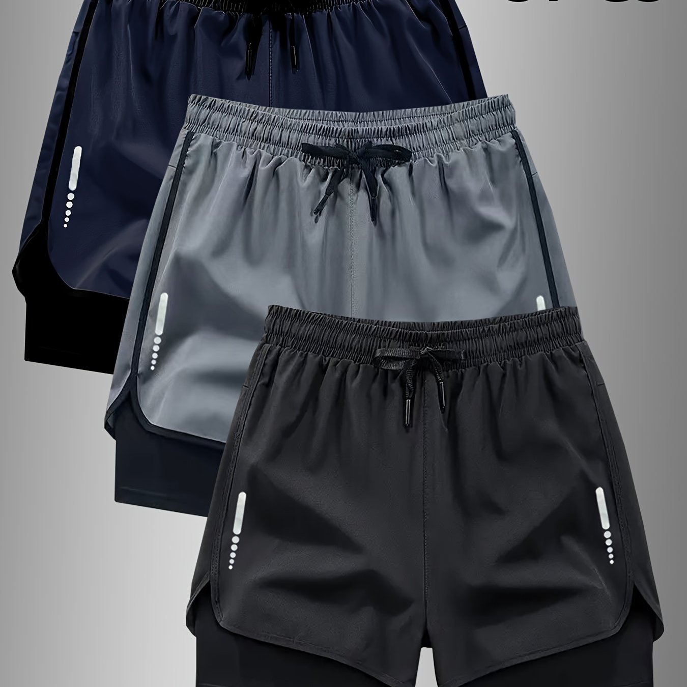 TEMU 3pcs Men's Fabric Double-layer Shorts, In Black grey navy, And Black grey  Combination Pack. Quick Drying, Breathable Sport Shorts, Perfect For