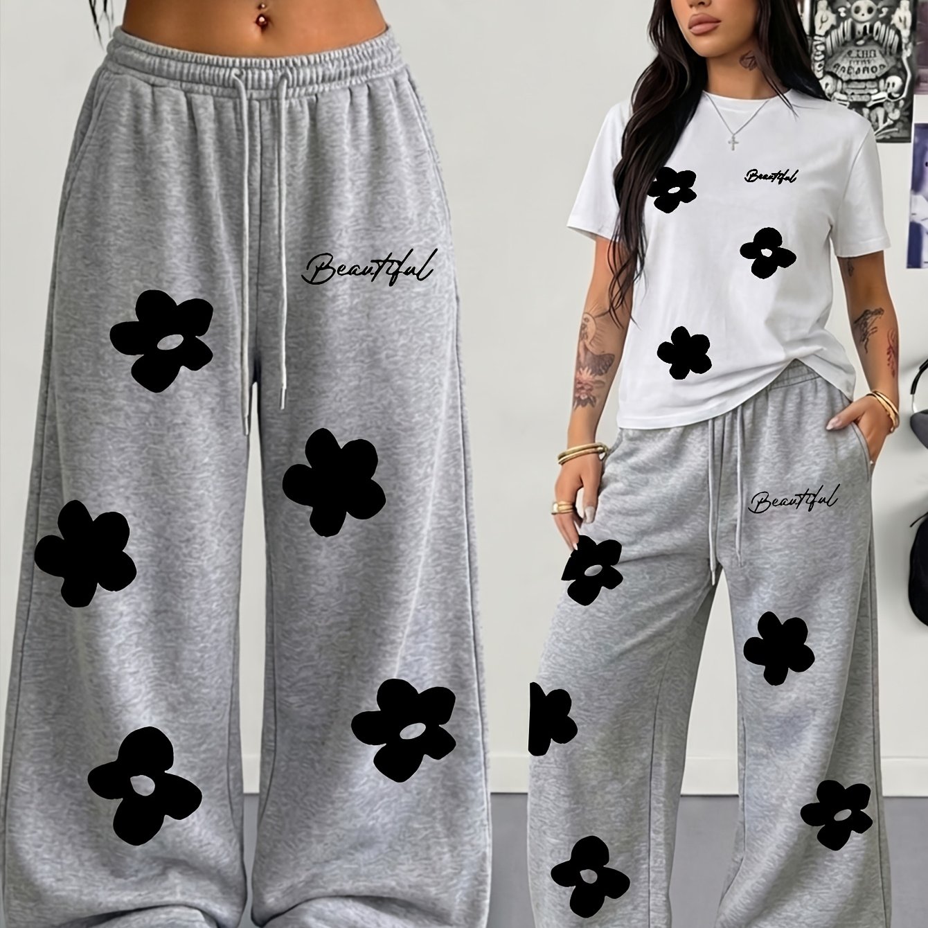 TEMU Spring/summer New Set: 2pcs Outfit Featuring Hand-drawn Floral Print, Round-neck Short-sleeve Top And Loose-fit Drawstring Straight-leg Pants. A