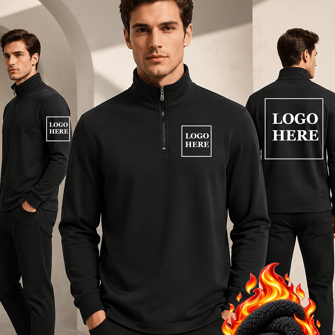 TEMU Christmas New Year Custom 1pc Men's Knit Fleece Half-zip Fleece-lined Sweatshirt, Supports Text Photo Printing, Warm Comfortable Casual , Autumn