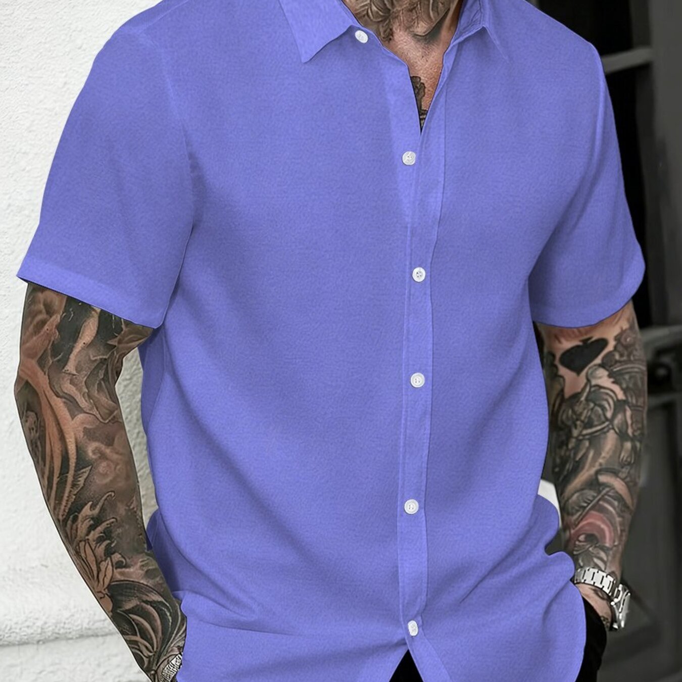 TEMU Men's Summer Minimalist Purple Printed Collar Short-sleeve Shirt - Fashionable, Trendy, Casual, Versatile, Lightweight, Comfortable, And