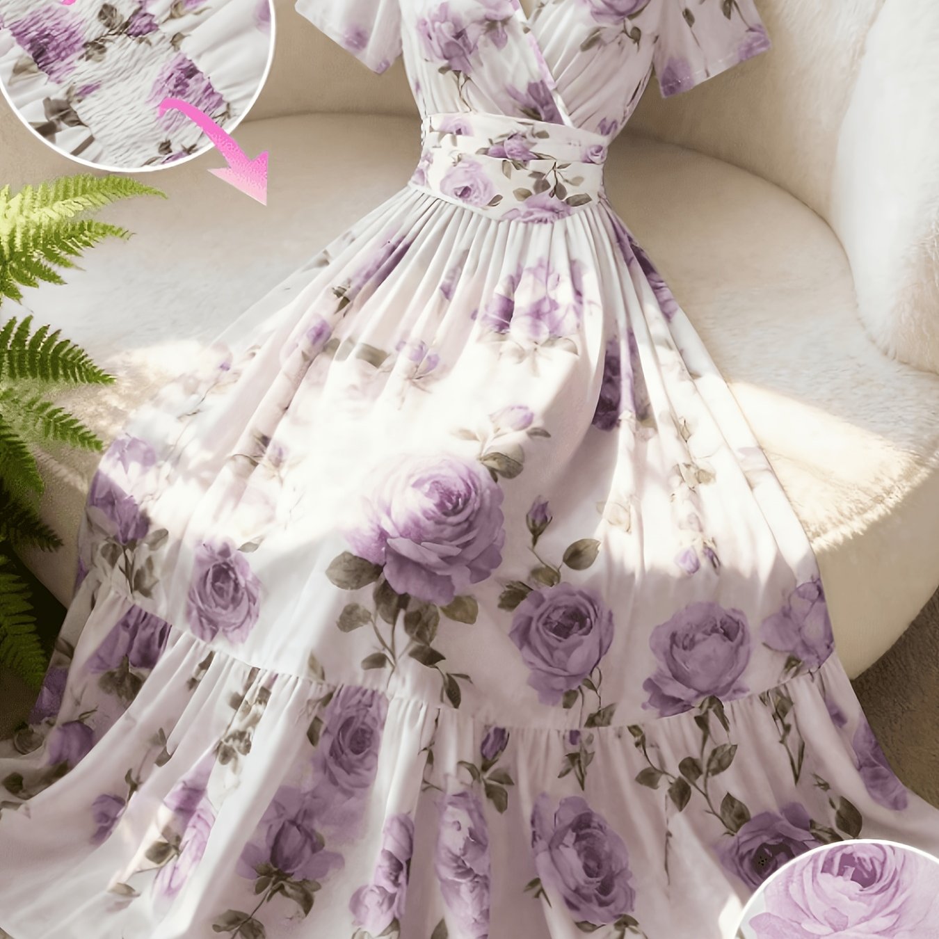 TEMU Women's Rose Print V-neck A-line Short Sleeve Dress, Elegant And Versatile, Suitable For Daily Wear, Vacation, Commuting, Valentine's , Style