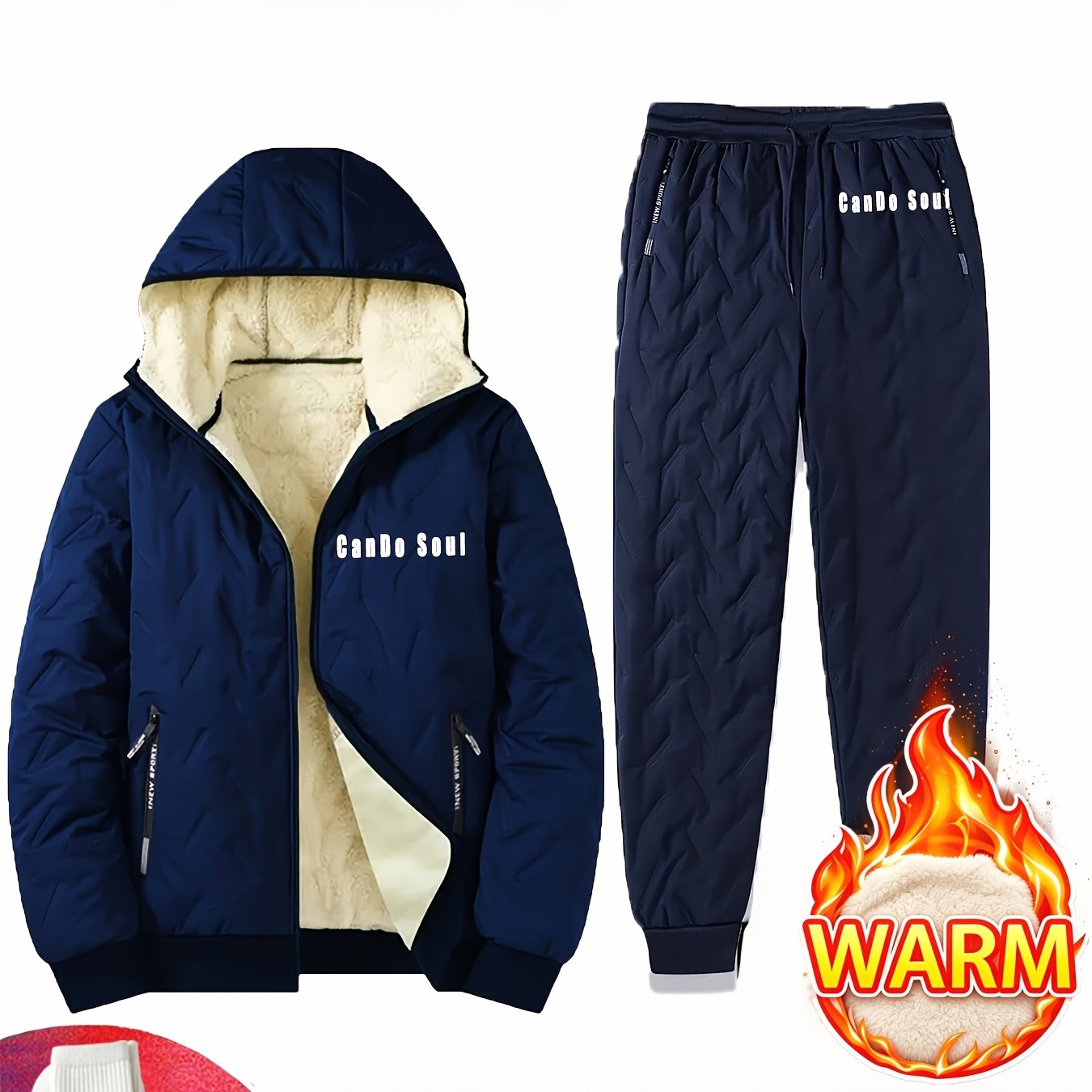 TEMU 2pcs - Autumn/ Winter 2pcs Men's Hooded Casual Suit Long Sleeved Jacket Pants Men's Winter Casual Jacket Set With Plush Lining Lining Hooded