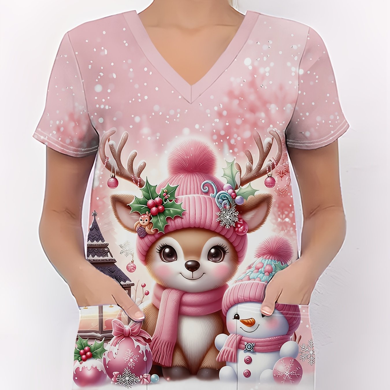 TEMU Women's Christmas Print Short Sleeve Uniform - Full-body Reindeer & Snowman Design Nursing Scrubs, Machine Washable Holiday Healthcare Workwear