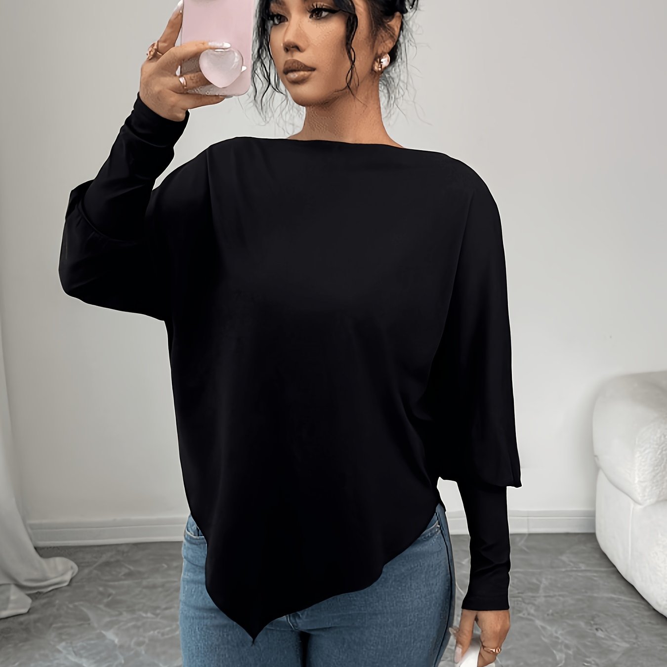 TEMU Women's Autumn Winter Apparel Exquisite Elegant Style Solid Color Stretch Fabric Scoop Neck Keyhole Batwing Sleeve Loose T-shirt Top