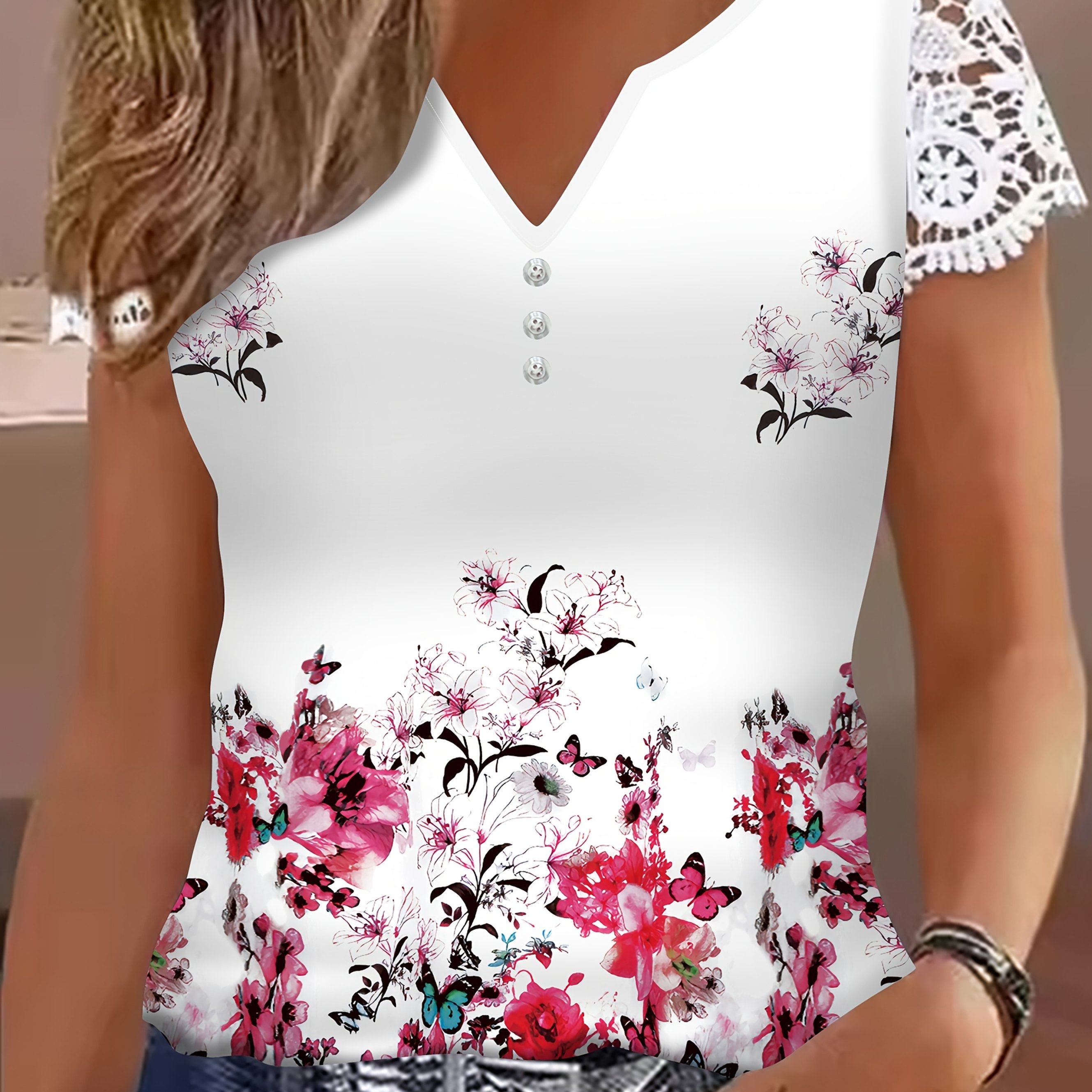 E-shop Elegantes Damen Trendy V-Ausschnitt Spitzen Kurzarm Tie-Dye T-Shirt Mode Fake Button Pflanzen Blumenmuster Damen Top