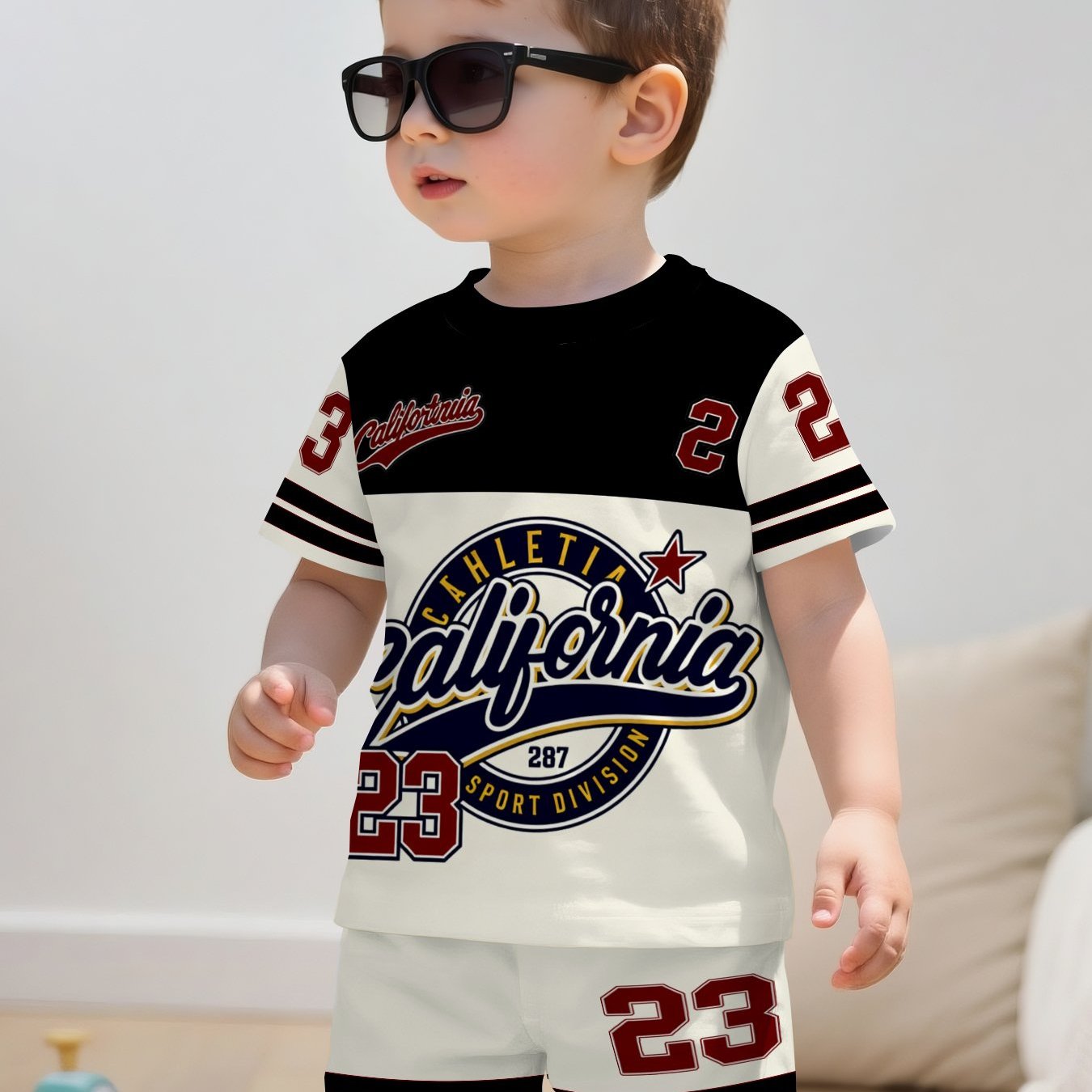 Image of Striped Color American 23 Pattern Print Design, Short-sleeved Pullover Shirt And Sports Shorts Set, Suitable Children's Clothing Gift. Made Of Comfortable Fabric, Suitable For Summer, Casual -p