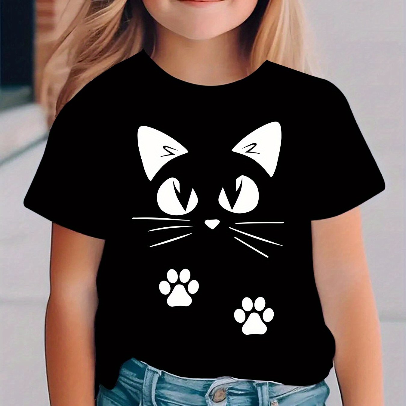 Image of Summer Fashion Girls' Short-sleeve T-shirt With Kitten Element Print, Casual And Versatile Top Ny-dx5556