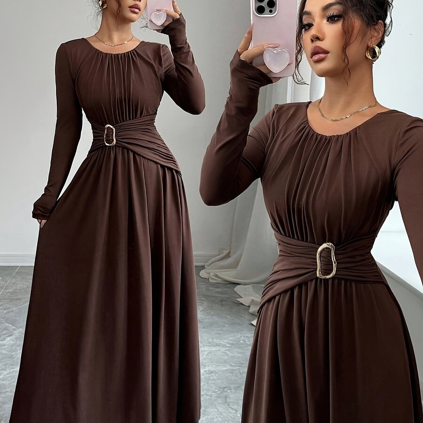 Elegant Solid Color Long-sleeve Dress With Pleated Waist And Metallic Embellishments