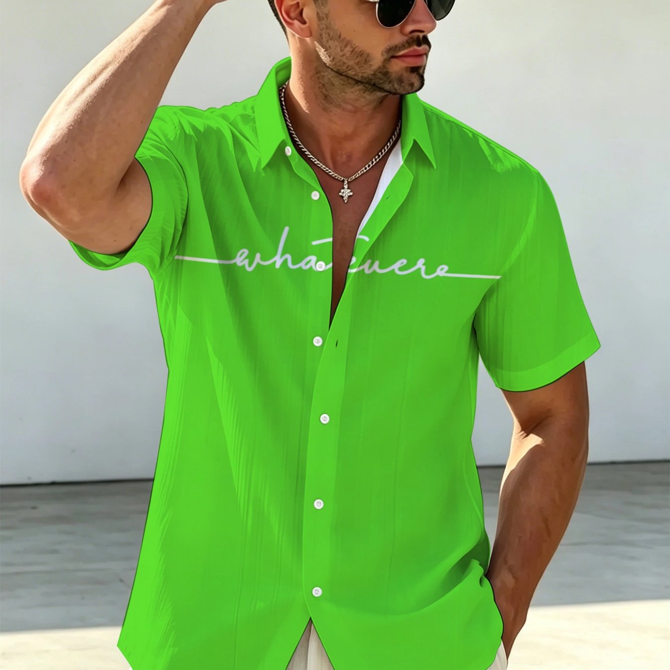 TEMU Men's Plus Size Fluorescent Print Short Sleeve Shirt, Casual Loose Lightweight Lapel Button- Shirt, Top
