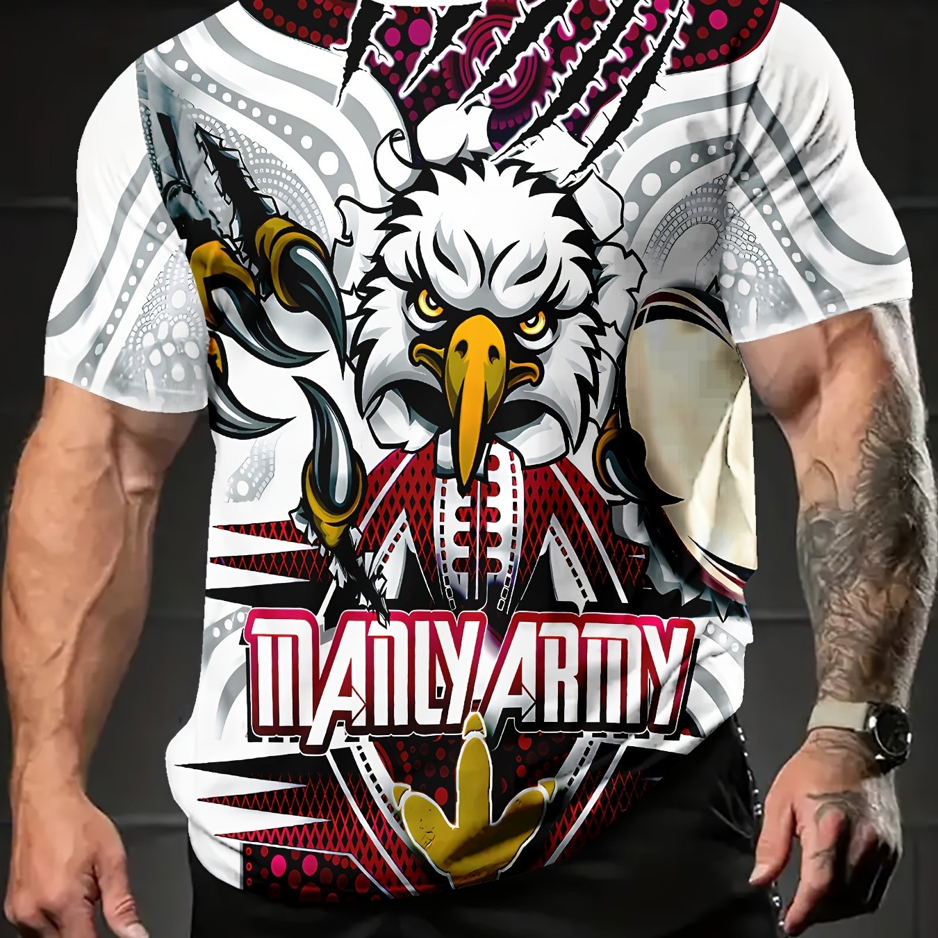 TEMU Men's Many Army Eagle Print T-shirt - Lightweight Short Sleeve Round Neck Tee With Eagle & Many Army, Machine Washable Polyester, Casual Summer