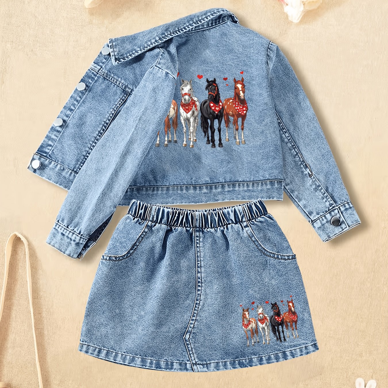 Image of 4 Head Of Horses Print Denim Suit, Full Of 2pcs Set! Classic Denim Jacket And Short Skirt, Of Horses With Red Heart Scarf, White, Black, Brown Horses With , With Red Hearts, For Outdoor