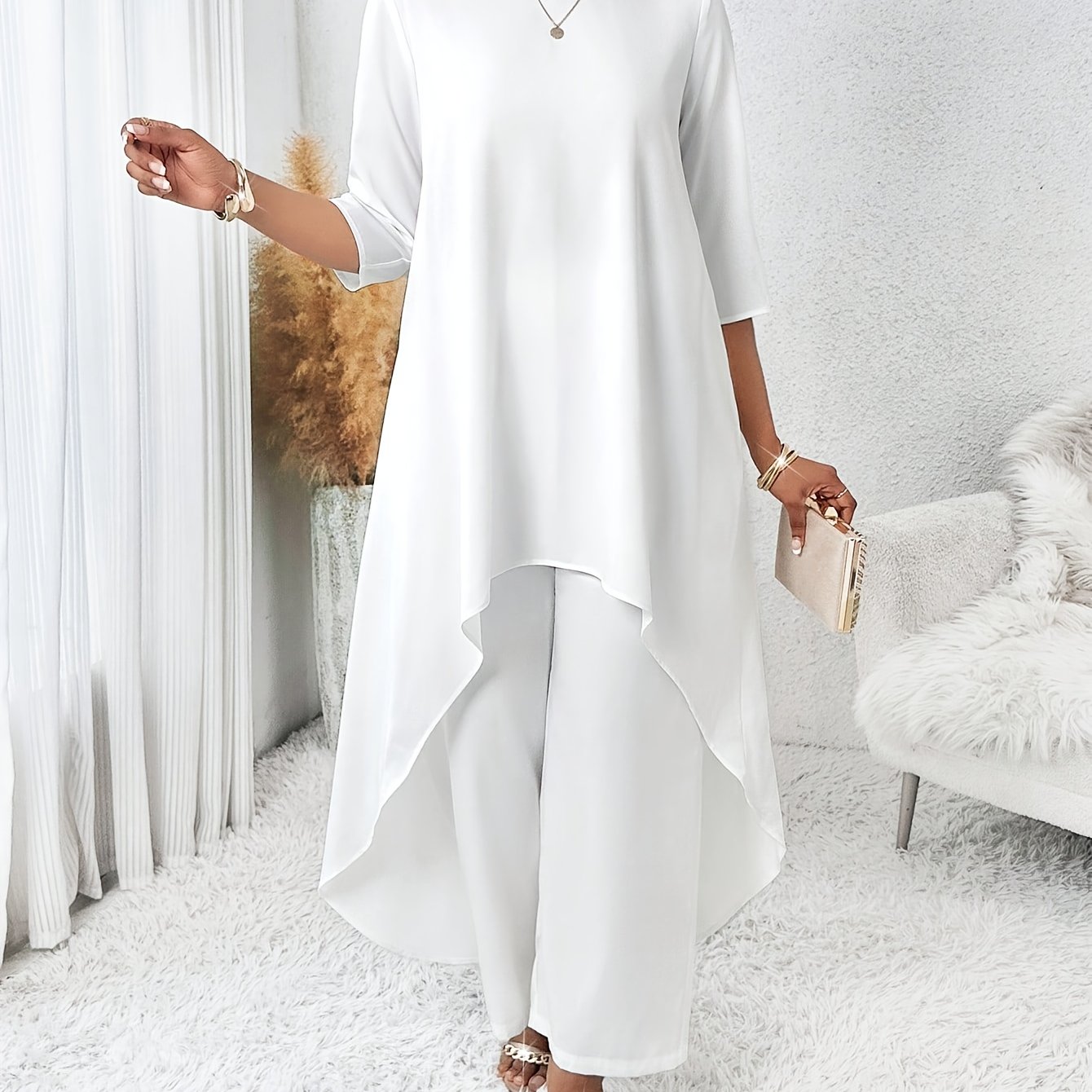 E-shop Herbst Neu Damen Einfarbig Rundhals Langhemd Modische Gerade Bein Hosen Set