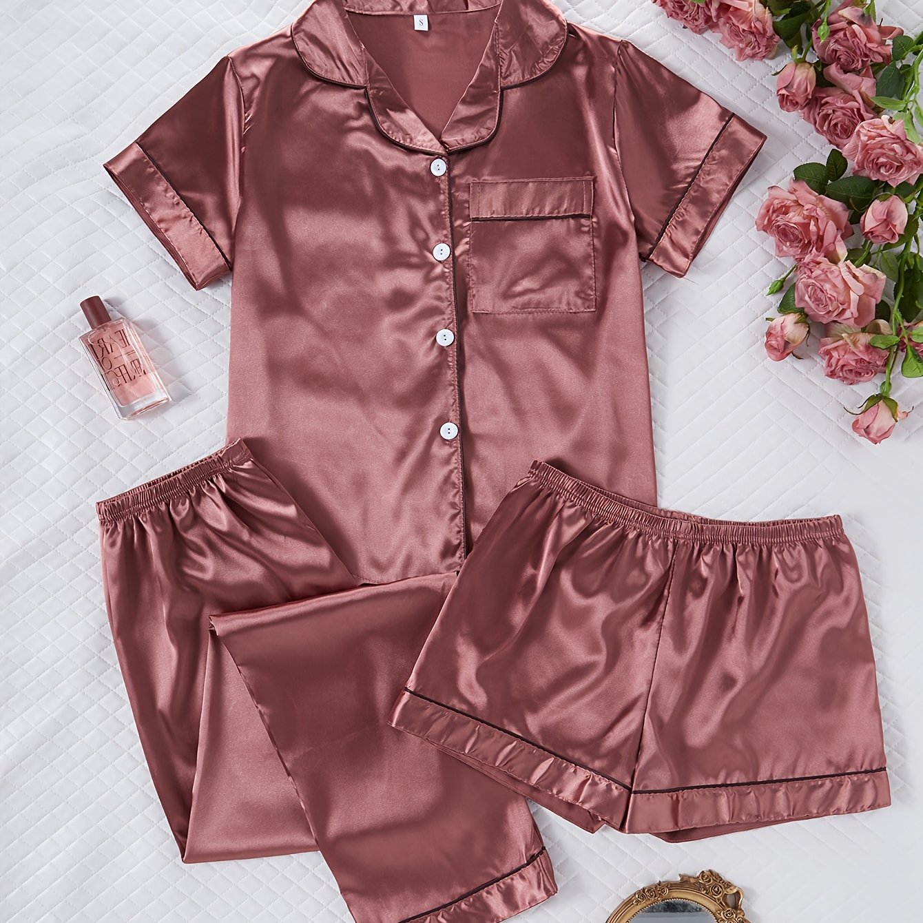 TEMU Dusty Pink Solid Color Jacquard Weave 3pcs Women's Loungewear Set - Short Sleeve Lapel Collar Top, Button Closure, Elastic-free Waistband Long