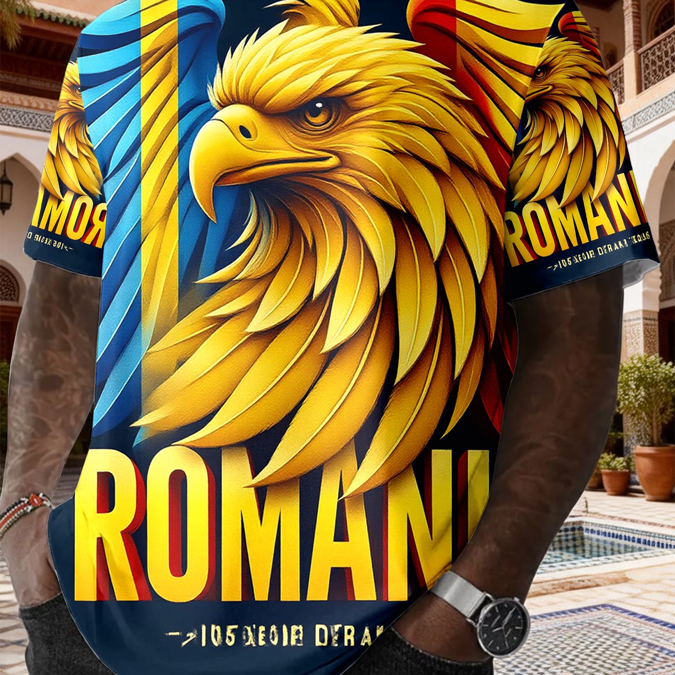 TEMU 1pc Men' Romanian Golden Eagle Print T-shirt - Short Sleeve Round Neck Casual & Beachwear Suitable For Summer, Sports, Outdoor Activities, Non-