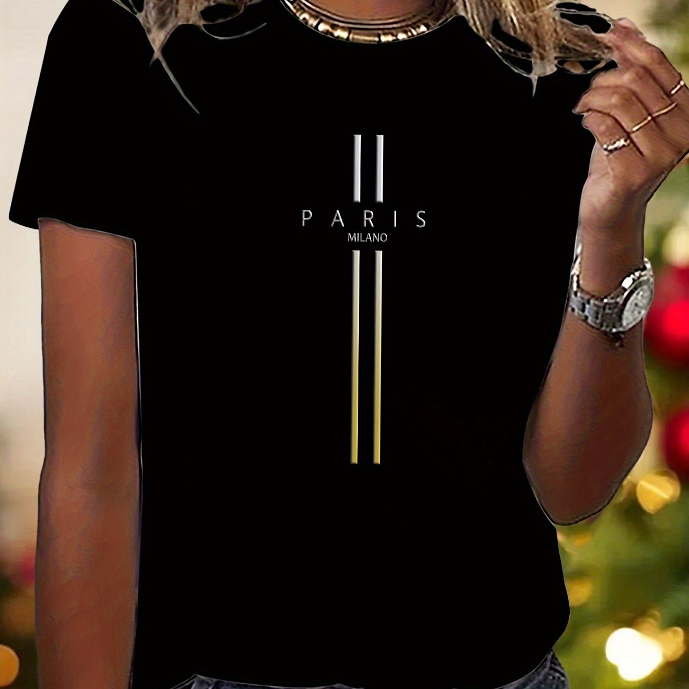 TEMU Women's Print T-shirt - Casual Crew Neck Short Sleeve Tee With Golden Accents, S-xxl