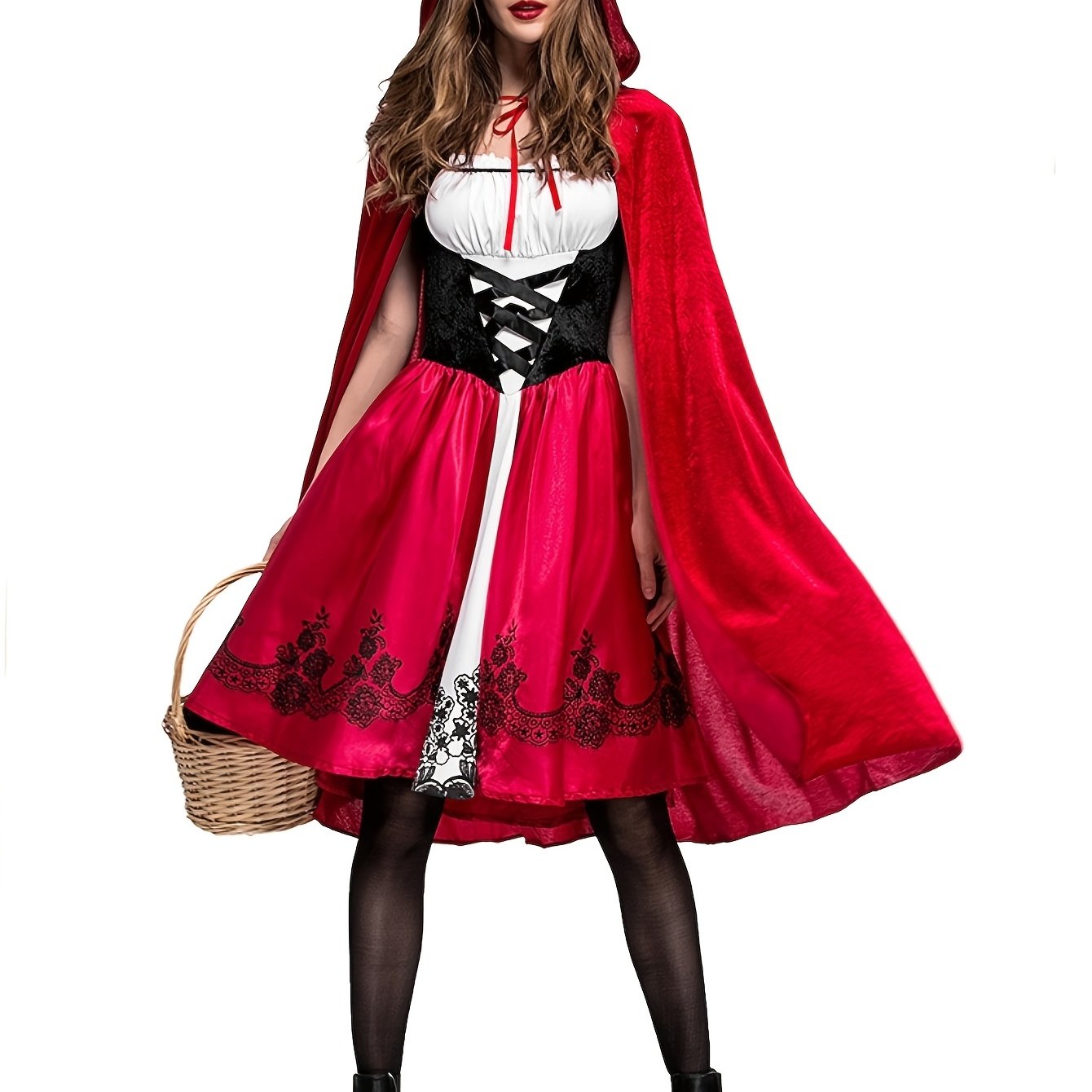 TEMU Halloween Dress + Cape 2pcs Set, Adult Fairy Tale Princess Costume, Day Cosplay Makeup Performance Outfit, Red Cape With Black Random Print