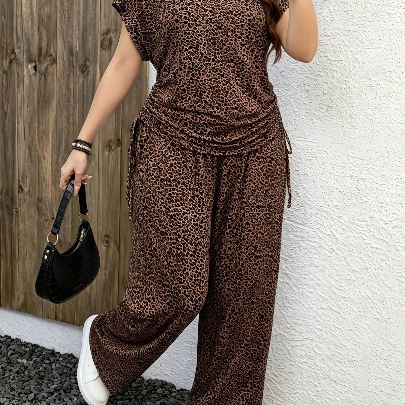 TEMU Leopard Long Pants Set With Side Drawstring Pleated , Worn Alone