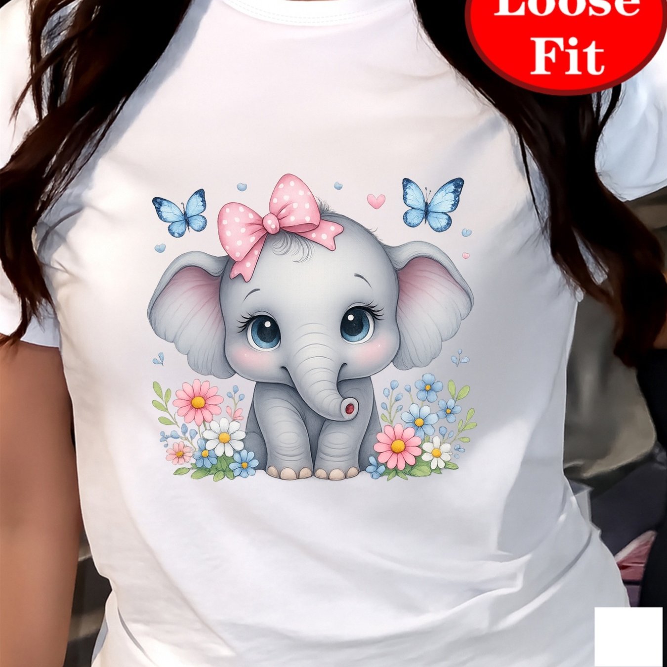 TEMU Cute Elephant, Pink Bow Print, Round Neck Short Sleeve T-shirt, Spring Summer Casual Top, Plus Size Women's Clothing