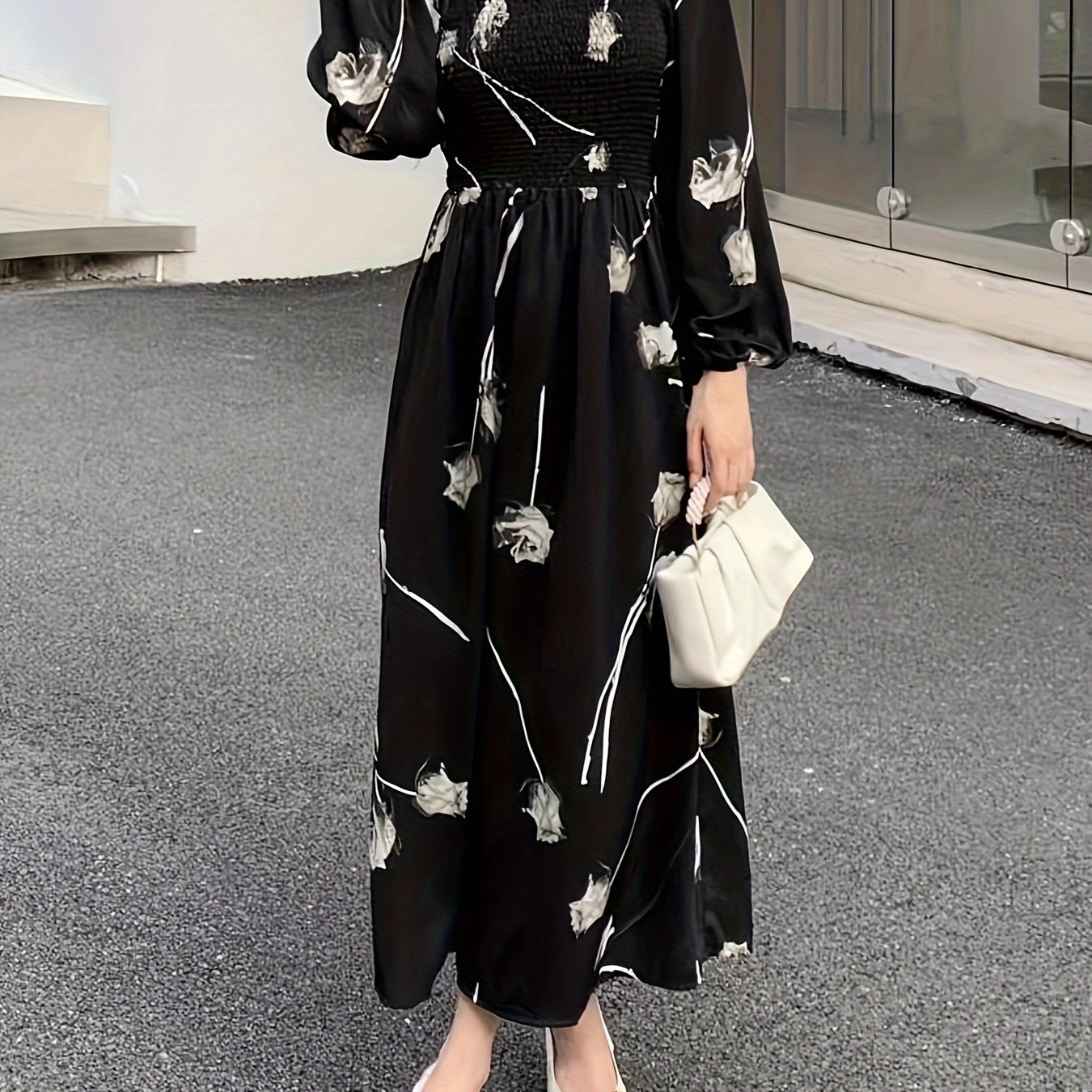 Image of Vintage Square Neckline Puff Sleeve Gathered Rose Print Long Dress, Elegant And Commuting, Dating, And Vacation Dress, Dress For Women With A Curvy Figure For Daily Wear
