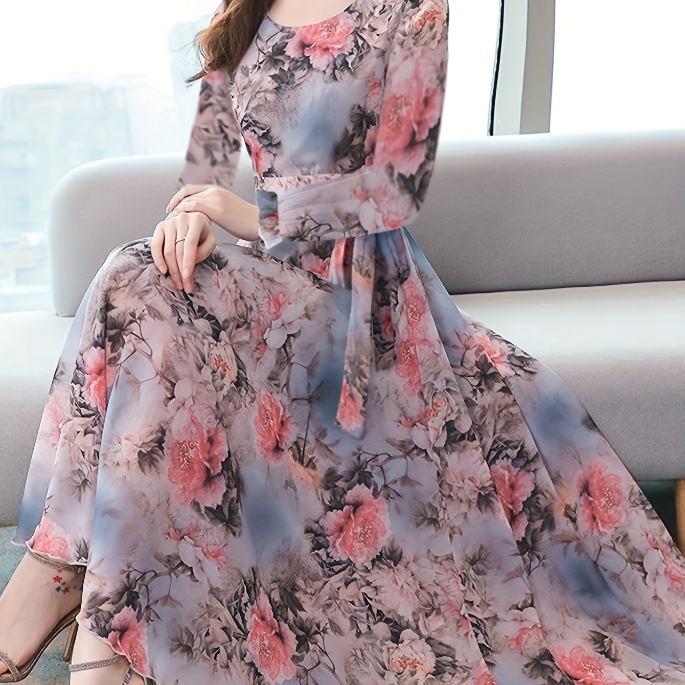 y3 womens elegant peony floral print long sleeve dress a