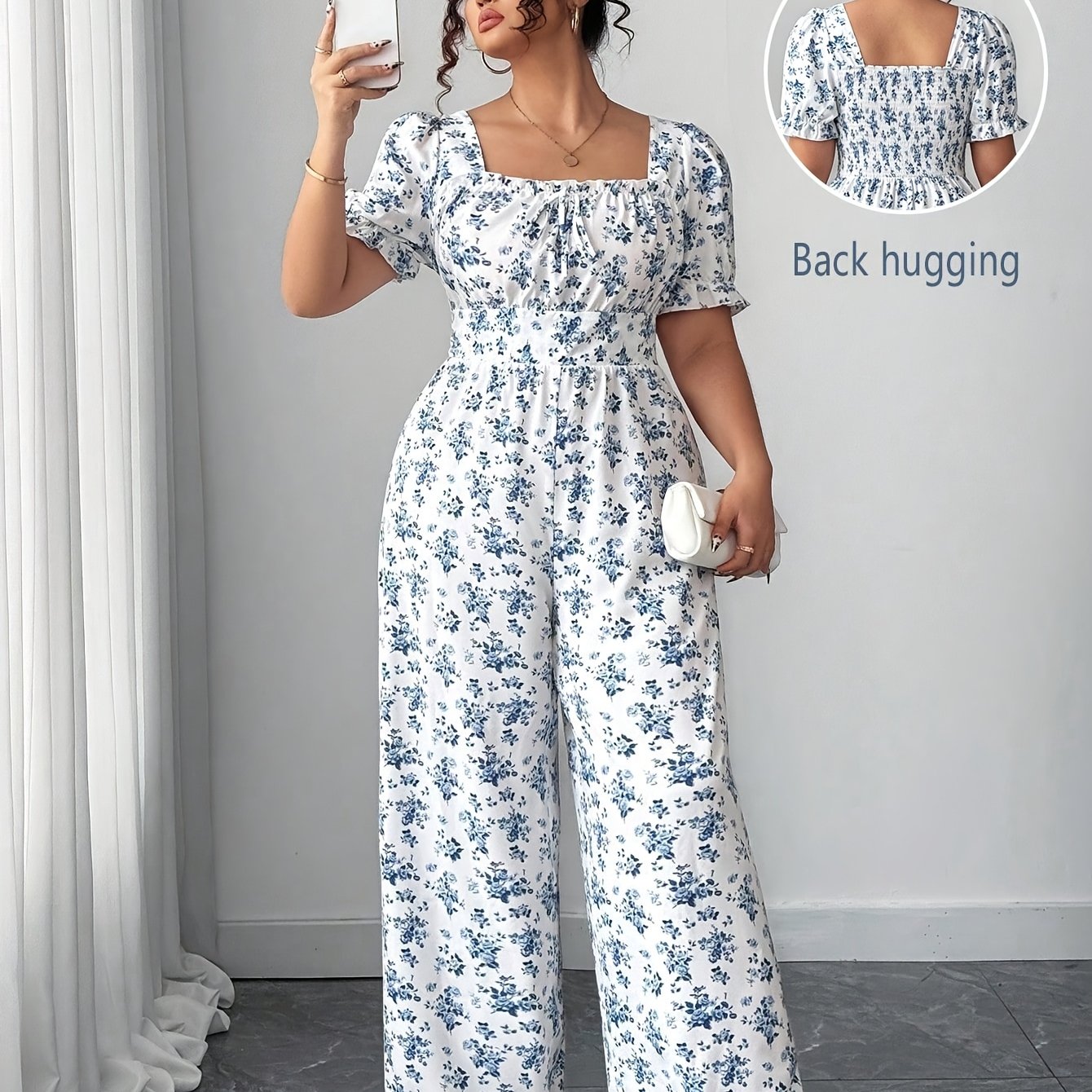 TEMU Women's Summer Stylish Floral Neck Tie-front Lantern Sleeve Back Jumpsuit