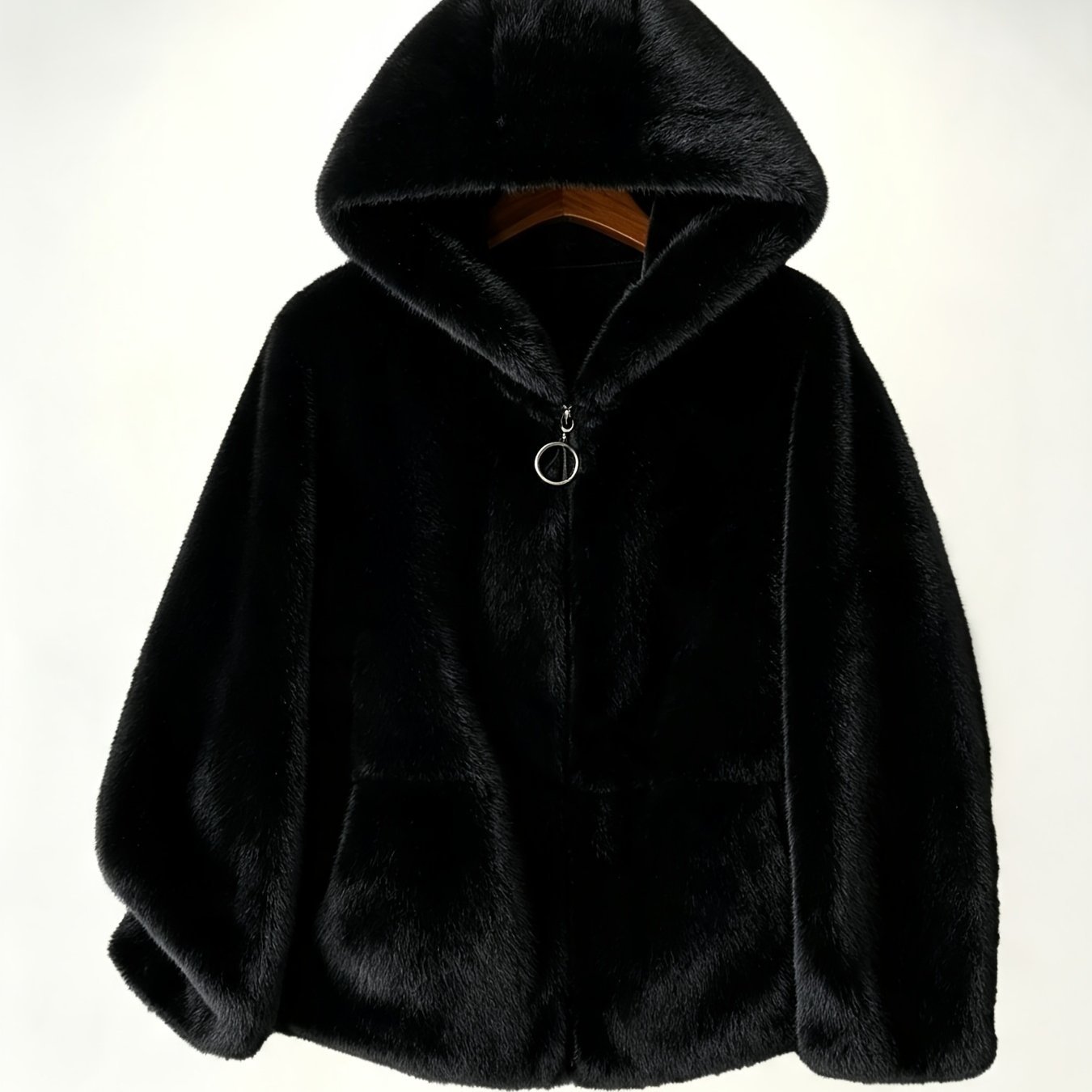 TEMU Women Mink Hooded Jacket Short Plush Zip-up Winter Warm Elegant Commuter Daily Coat