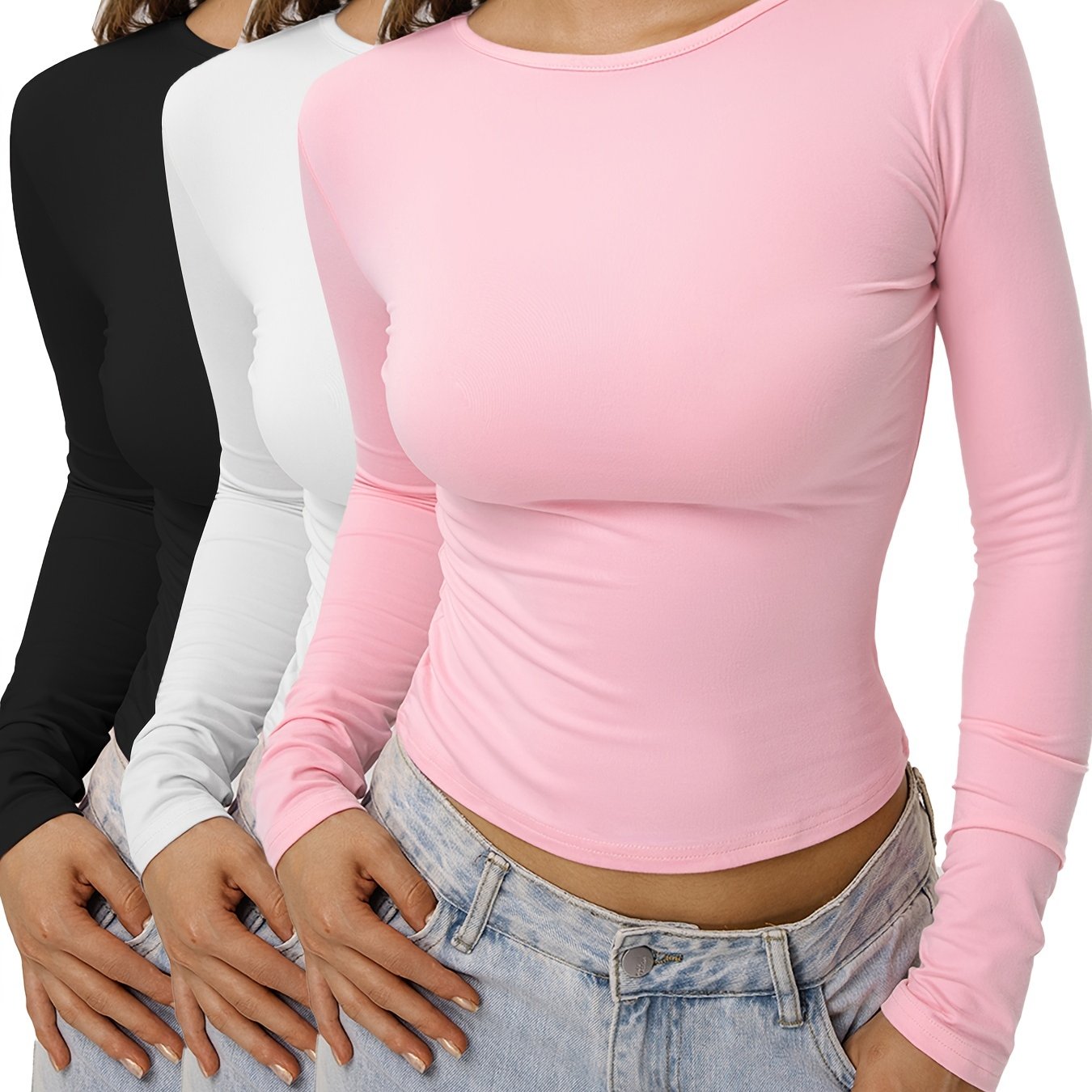 Image of 3 Women's Brushed Long-sleeved T-shirts - Style