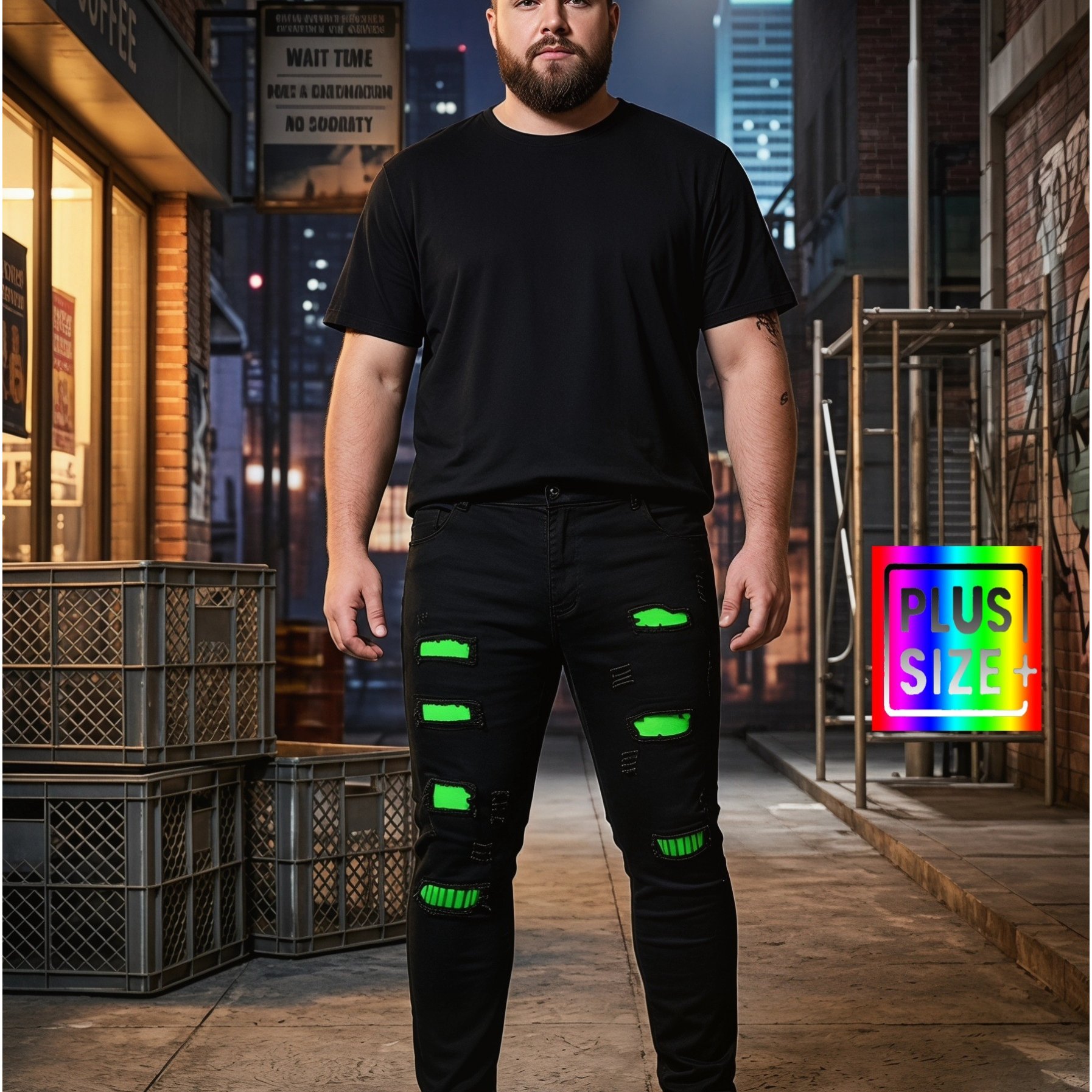 Image of Hme-men's Black And Green Color- Denim Pants: Plus Size, Stretch, Slim Fit; Trendy, Cool, Casual Pants With Multiple Large Rips+ Neon Green Color- Lining+ Frayed Edges, Plus Size