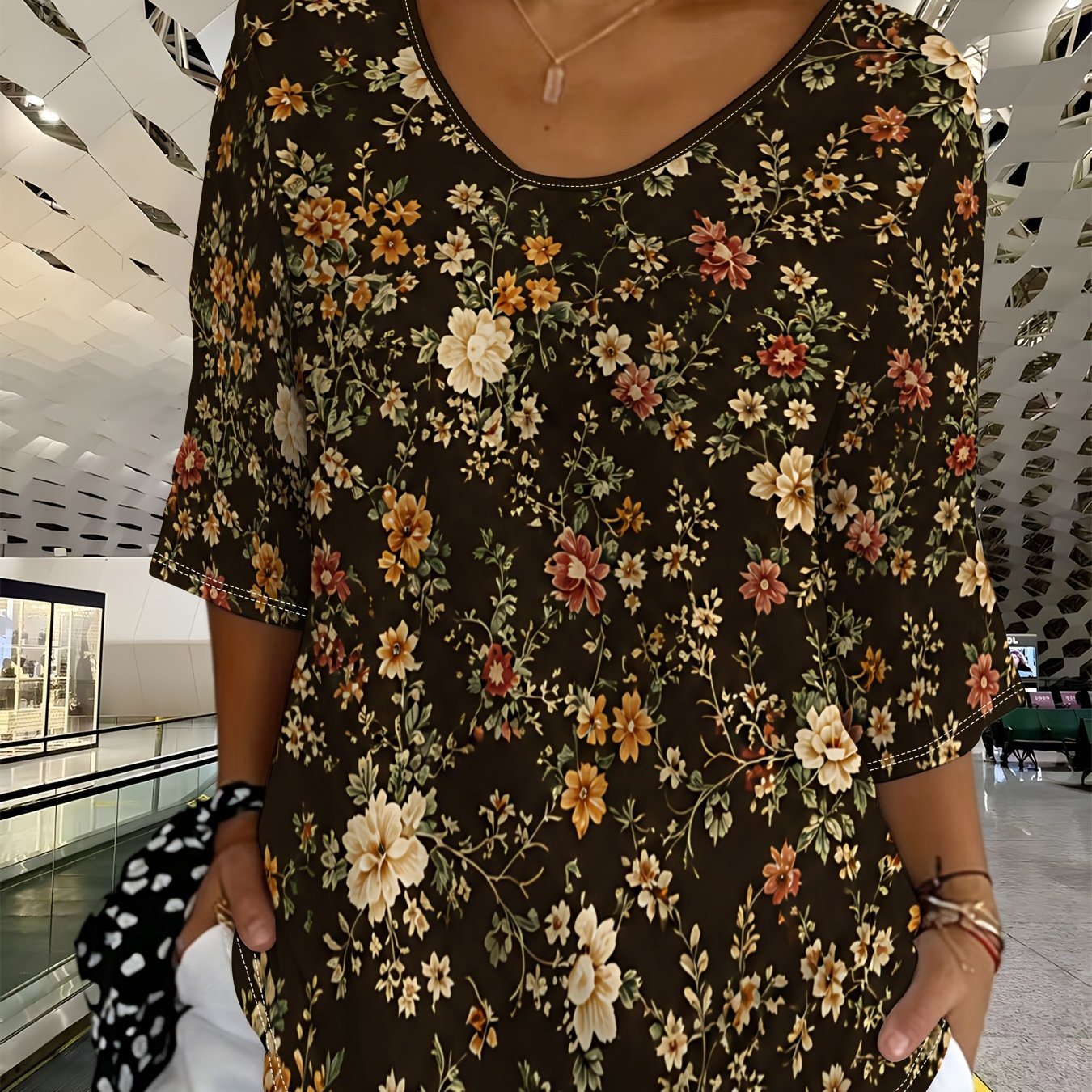 TEMU Plus Size - [printed Design-not Textured] Plus Size Women's Top, Mixed Colors, Multi-sizes Available, Vintage Floral Pattern, Classic And Warm,