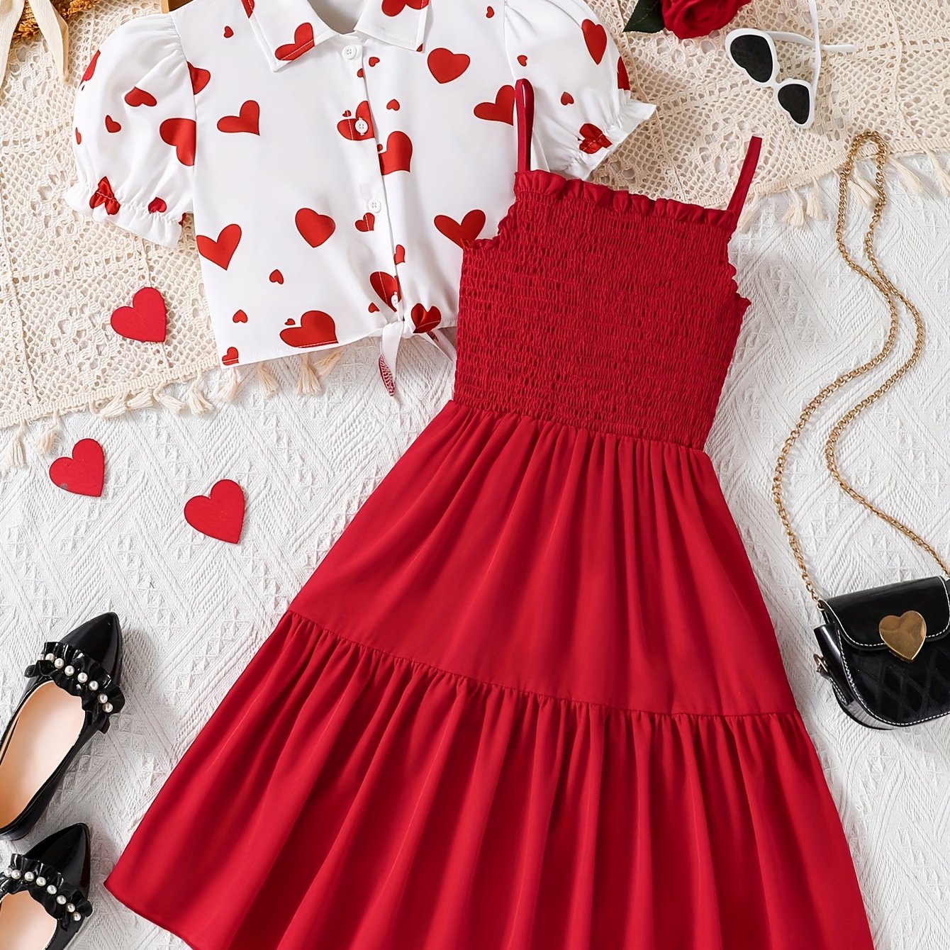 Summer Retro Heart Shirt Top + Suspender Dress Two-piece Set, For Outdoor