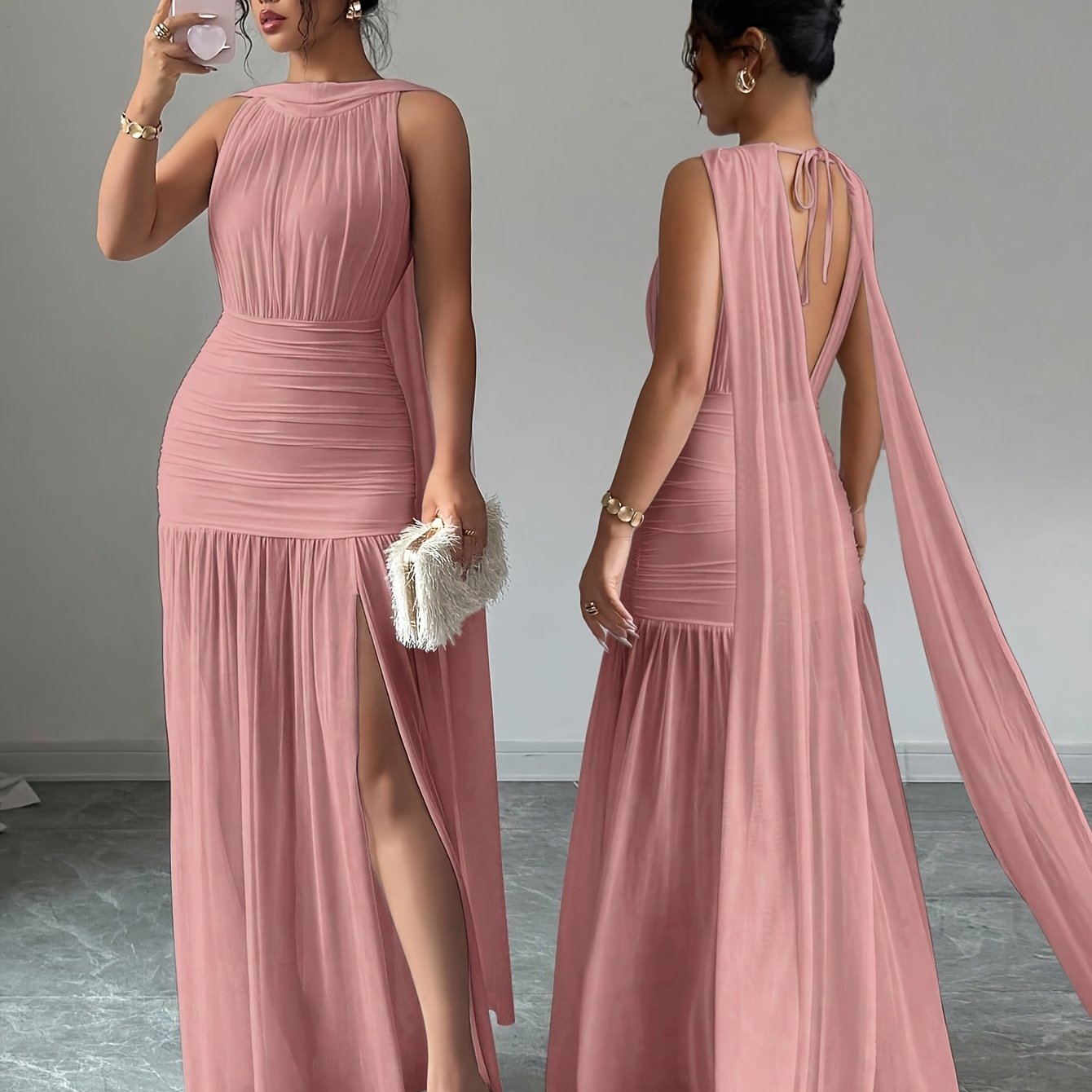 TEMU Robe longue manches unie et pour femme, pour /été, convient pour les tenues du An, , les vacances et la Saint-Valentin