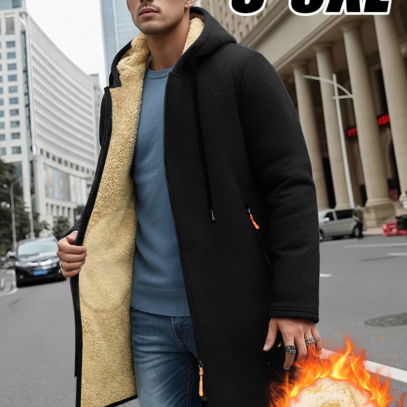 TEMU 1pc Men's Winter Fleece-lined Thick Warm Mid-length Hooded Cardigan, Casual Fleece Autumn Outfit Full-zip Jacket, Retro Trendy Fleece Coat With