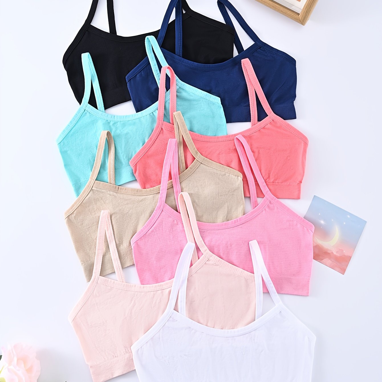 8pcs Cute Girls' Seamless Basic Tank Tops, Comfortable Breathable Casual Sports Bras For Teens And Students Aged 6-17