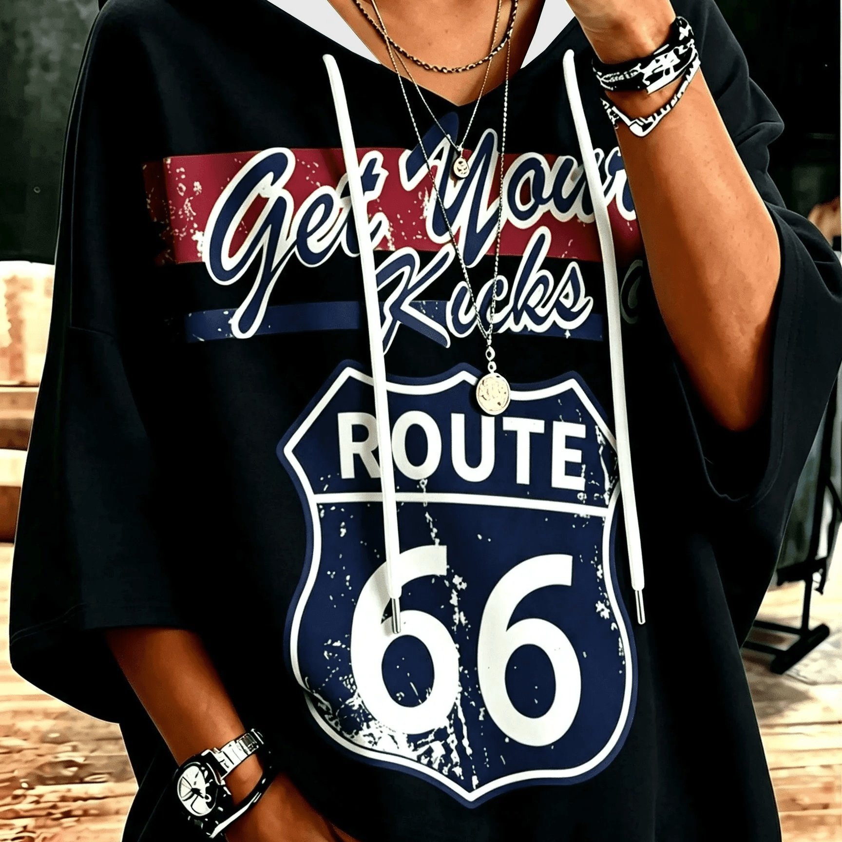 TEMU Plus Size - Size 66 Road Print Hooded Three-quarter Sleeve Top White Loose Lazy Street Casual Sweatshirt