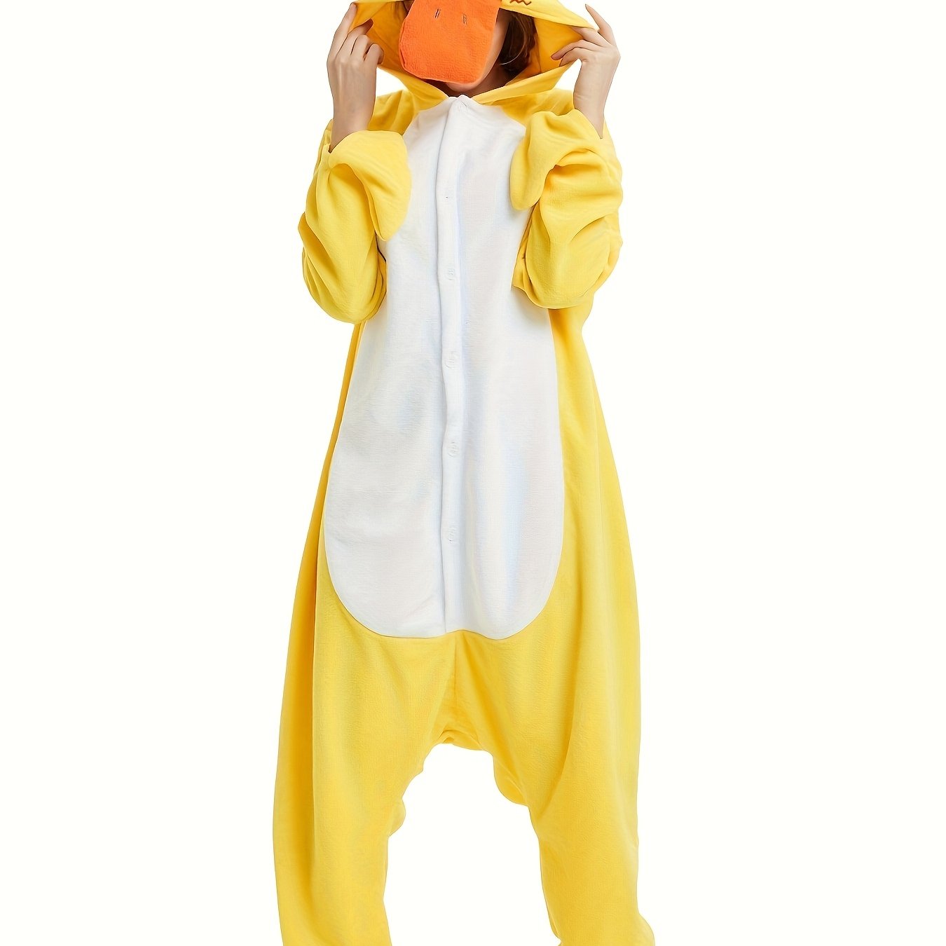 Image of Women's Thick Duck Costume Pajamas - Hooded Winter Onesie With Details, Machine Washable Long Sleeve Jumpsuit For Themed Parties & , Duck Pajamas