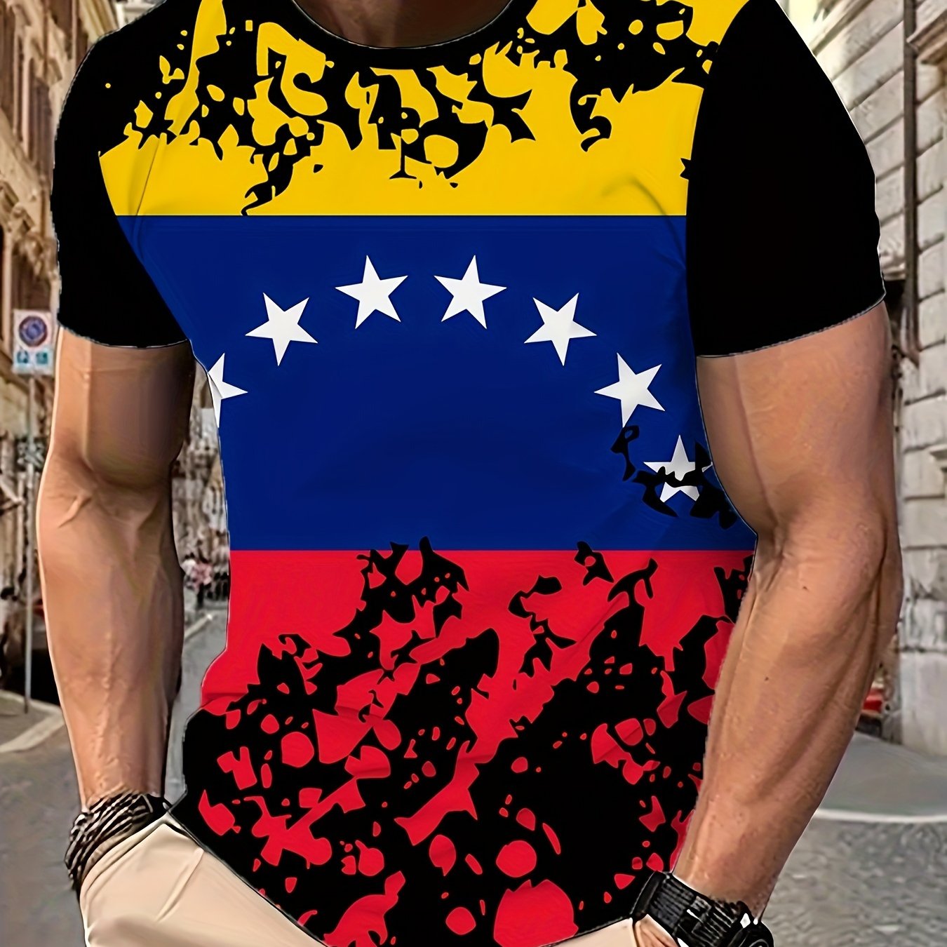 TEMU Camiseta de corta y cuello con estampado de estrellas y rayas y para hombre, ideal para el ocio y , tops novedosos y elegantes para hombre.
