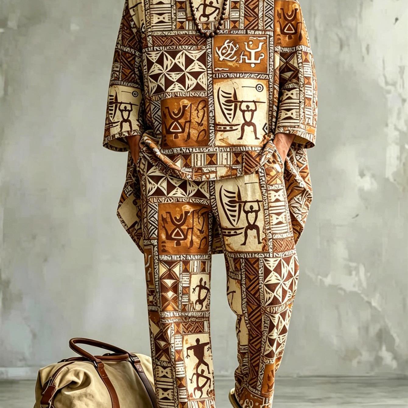 Image of Plus Size Men's Fashion Tribal Ethnic Geometric Figure 2pcs Outfit Style Casual Wear Holiday Gift For Adult Men, Plus Size