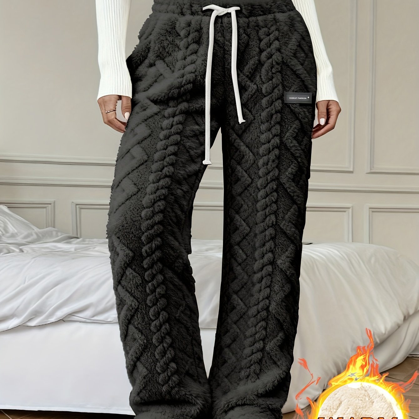 Image of Women's Winter -lined Casual Pants, Jacquard Fabric, Drawstring Waist, Suitable For And Outdoor Wear