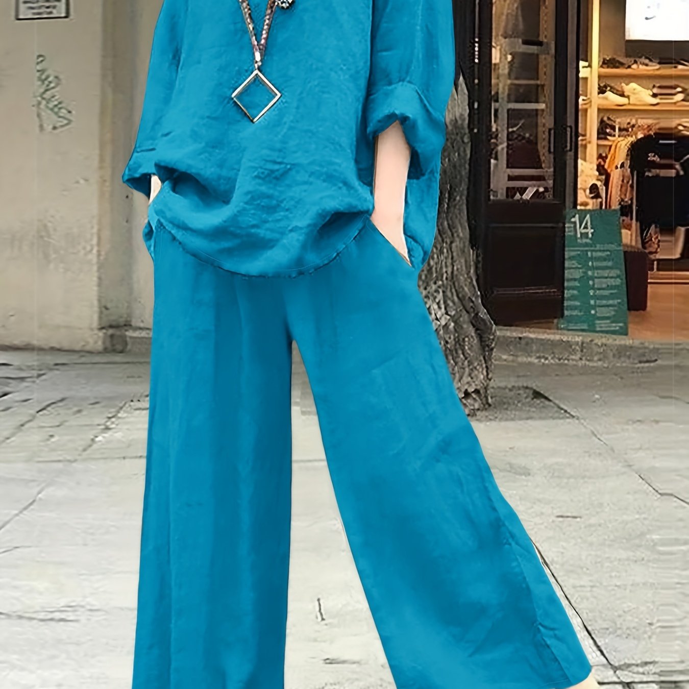 E-shop Damen Freizeit-Set für Frühling/Herbst mit langärmeligem Rundhals-T-Shirt + lässiger Hose mit weitem Bein