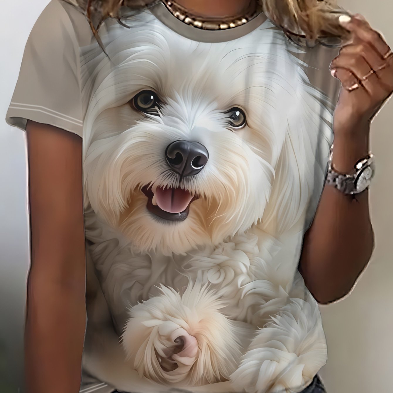 TEMU Summer Women's Short-sleeve T-shirt, Featuring A Print Of A White Poodle-style Puppy Lying On A Beige Sofa With Its Mouth Open And Tongue Out