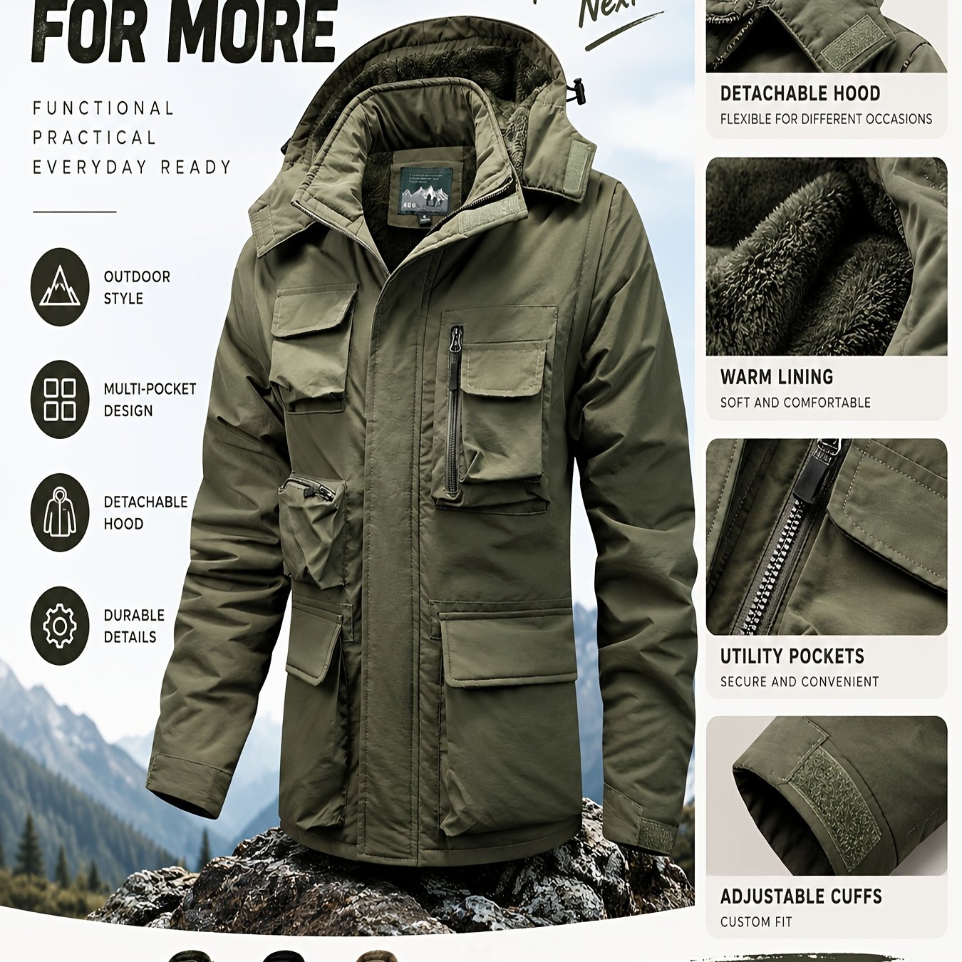 Men's Functional Style Jacket with Thickened Hood and Multi-Pockets