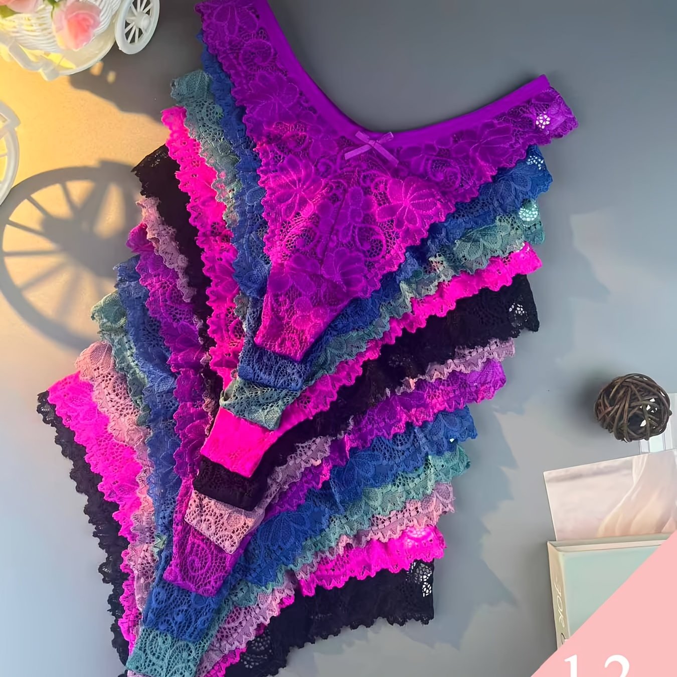 TEMU 12pcs/pack High-quality Exquisite Lightweight Floral Lace Semi-transparent Cut-out V-strings Thong Low Waist T-back. Sexy, Cool, Soft . Suitable